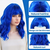 baratos Perucas Sintéticas sem Touca-perucas azuis para mulheres e meninas, peruca azul escura ondulada, peruca curta de cabelo azul, peruca azul bob natural com franja, peruca azul cacheada na altura dos ombros, peruca sintética cosplay