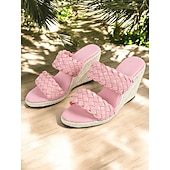 cheap Vacation Sandals-Red Woven Slide Sandals for Women – Stylish Wedge Heel, Summer Beach &amp; Casual Outdoor Footwear