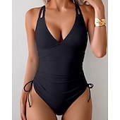 abordables One Pieces &amp; Tankinis-Mujer Traje de baño Escote en V Profunda Espalda Abierta Bañadores Color sólido Bañadores Negro Azul Marino Transpirable Secado rápido Ligero Sin Mangas - Natación Surf Playa Verano Primavera