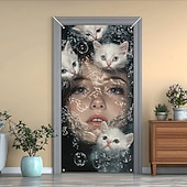 お買い得  ドアカバー-女の子 猫 ドア装飾 ドアカバー ドアタペストリー ドアカーテン装飾 バックドロップ 屋内/屋外のドアバナー フロントドア ファームハウス