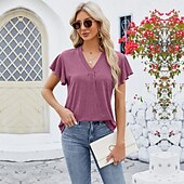 billige Plain t-skjorte-Dame Boho T-skjorte عادي Bohem søt stil Stilfull Kortermet Sommerfuglermer V-hals Vanlige topper Daglig Ut på byen Helg Drapering Svart Hvit Rosa Blå Fuksia Sommer
