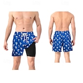 baratos calção de banho boxer masculino-Homens Calção Justo de Natação Shorts de Natação Bermuda de Surf Calças Com Cordão 2 em 1 Com bolsos Natação Surfe Praia Esportes Aquáticos Estampado Verão Primavera
