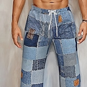 voordelige Casual herenbroek met print-Voor heren Geometrisch Kleurenblok Lapwerk Broek Wijde broek Vrijetijdsbroek Medium Taille Vintage Retro Buiten Vakantie Streetwear Trekkoord Elastische taille Breed Been Zomer Lente 3D-afdrukken