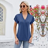 billige Plain t-skjorte-Dame Boho T-skjorte عادي Bohem søt stil Stilfull Kortermet Sommerfuglermer V-hals Vanlige topper Daglig Ut på byen Helg Drapering Svart Hvit Rosa Blå Fuksia Sommer