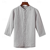 cheap Business Casual-Men&#039;s Shirt Linen Shirt Casual Shirt Button Up Shirt Plain Vacation Hawaiian White Navy Blue Khaki Gray 3/4 Length Sleeve Grandad Collar Spring Fall Clothing Apparel Button-Down
