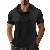 cheap Men&#039;s Casual T-shirts-Men&#039;s T Shirt Henley Shirt Tee Short Sleeve Shirt Short Sleeve Hooded Henley Summer Spring Color Block Fashion Designer Basic Drawstring Vacation Street Going out Black Khaki Light Grey Top Tee for