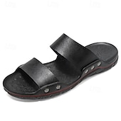 cheap Dress Sandals-&quot;Men&#039;s Black and Yellow Slide Sandals with Wide Straps, Casual Style for Outdoor and Beach Wear