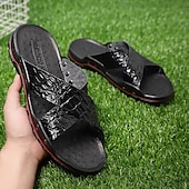 preiswerte Lässige Sandalen-Schwarze Herrensandalen mit Kreuzriemen, Krokoprägung und bequemer Gummisohle – lässiges Outdoor-Schuhwerk für Sommer, Strand und Alltag