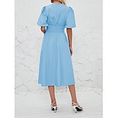 cheap Dresses-Retro Vintage 1950s Midi Dress Flare Dress Puff Sleeve Solid Color A-Line V Neck Women&#039;s Masquerade Wedding Vacation Tea Party Adults&#039; Dress
