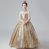 levne Párty šaty-Děti Dívčí Šaty na párty Pevná barva Bez rukávů Výkon Narozeniny Flitry Elegantní Krásná Polyester Maxi Šaty na párty Swingové šaty Áčkové šaty Léto 4-12 let Světlá růžová Vodní modrá Zlatá