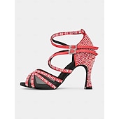 cheap Latin Shoes-Red Rhinestone-Studded Latin Dance Sandals with Buckle Detail – Perfect for Social Dance, Competitions, and Performances