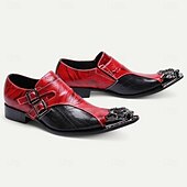 voordelige Elementaire Dress Schoenen-Heren Premium Kalfsleren Dubbele Gesp Instappers met Gouden Punt Dapper Rood en Zwart Ontwerp en Leeuwenhoofd Detail – Stijlvolle Instapschoenen voor Modebewuste Mannen en Speciale Gelegenheden