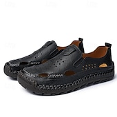 cheap Casual Sandals-Men&#039;s Brown Leather Slip-On Sandals with Perforated Detailing and Stretch Panels – Comfortable and Stylish for Casual Wear, Outdoor and Summer Activities
