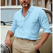 voordelige Straat-Voor heren Overhemd Katoenen linnen overhemd Zomer overhemd Overhemd met knopen Effen Casual Dagelijks Zwart Wit blauw Khaki Lange mouw Kraag Lente zomer Kleding Zak