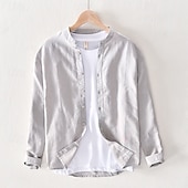 economico Casual da lavoro-Per uomo Camicia Camicia di lino Camicia casual Camicia con Bottoni Camicia di cotone Semplice Vacanza Camicia hawaiana Bianco Blu marino Cachi Grigio Manica Lunga Colletto alla coreana Primavera