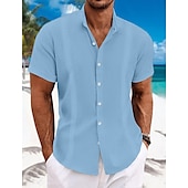 cheap Vacation-Men&#039;s Shirt Linen Shirt Guayabera Shirt Band Collar Shirt Summer Shirt Beach Wear Plain Vacation Curise Black White Blue Green Short Sleeve Collar Summer Clothing Apparel