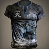 ieftine Vintage&amp;amp;Retro-Bărbați Grafic Navă Pirat Cămașă Henley Manșon scurt Tipărire 3D Modă Designer Comfortabil În aer liber Zilnic Vară Albastru Maro Trifoi Gri Henley Tricou Henley
