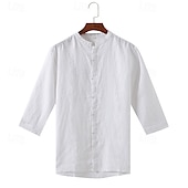 cheap Business Casual-Men&#039;s Shirt Linen Shirt Casual Shirt Button Up Shirt Plain Vacation Hawaiian White Navy Blue Khaki Gray 3/4 Length Sleeve Grandad Collar Spring Fall Clothing Apparel Button-Down