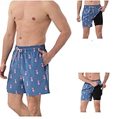 baratos calção de banho boxer masculino-Homens Calção Justo de Natação Shorts de Natação Bermuda de Surf Calças Com Cordão 2 em 1 Com bolsos Natação Surfe Praia Esportes Aquáticos Estampado Verão Primavera