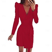 abordables Robe de cocktail-Femme robe longue Robe Droite Décontractées Vacances Standard Couleur unie manche longue Col V Rouge Eté