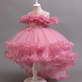 preiswerte Kleider für die Blumenmädchen-Blumenmädchenkleid Mädchen Formelle Kleidung Prinzessinenkleid Party Kleid Hochzeit Besondere Anlässe bezaubernd Süß Rüschen Zip Feste Farbe Kurzarm Rundhalsausschnitt Weiß Champagner 4-13 Jahre