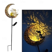 abordables Lumières de décoration du Ramadan-lampes solaires de jardin extérieur – soleil &amp;Lampes solaires à LED en forme de flamme de lune, lampes de pelouse de paysage en fer rétro pour la décoration des allées, des cours et des patios