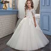 cheap Flower Girl&#039;s Dresses-Flower Girl Dress Kid&#039;s Girls&#039; Lace Dress Formal Dress Princess Dress First Communion Dress Performance Wedding Party Elegant Beautiful Mesh Solid Color Half Sleeve Off Shoulder White 4 years+