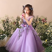 billige Blomsterkjoler-Blomsterpikekjole Barn Jente Prinsesse kjole Ytelse Bryllup Fest Elegant Vakker Netting Helfarge Ermeløs Crew-hals Lilla 4 år +