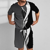 cheap Men's Printed Tees sets-Men's Geometic Line 2pcs Tees sets Summer Tops Short Sleeve Short Pants Crew Neck Sport Casual Outdoor Vacation Sport 3D Print Summer Robin's Egg Blue White ash-colored