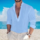 cheap Men&#039;s Popover Shirts-Men&#039;s Shirt Popover Shirt Summer Shirt Casual Shirt Beach Shirt Black White Pink Green khaki Long Sleeve Plain Band Collar Vacation Hawaiian Button-Down Clothing Apparel Fashion Casual Comfortable