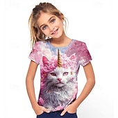 tanie 3D zwierzęta dziewczynki-Dla dziewczynek 3D Graficzny Kot Podkoszulek T-shirt Krótki rękaw Lato Wiosna Moda Podstawowy Dzieci 4-12 lat Półgolf Na zewnątrz Codzienny Regularny