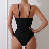 abordables Maillots une pièce et tankinis-Femme Maillot de bain 1 pièce V Profond Maillots de Bain Couleur Pleine Maillots de Bain Noir Respirable Séchage rapide Poids Léger Sans Manches - Natation Surf Plage Eté Printemps