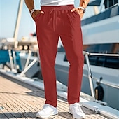 cheap Holiday-Men&#039;s Linen Pants Trousers Summer Pants Beach Pants Drawstring Elastic Waist Straight Leg Plain Comfort Breathable Casual Daily Holiday Fashion Classic Style Black White