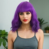 Χαμηλού Κόστους Συνθετικές Trendy Περούκες-Συνθετικές Περούκες Ζωηρές μπούκλες Βαθύ Κύμα Ασύμμετρο κούρεμα Με αφέλειες Μηχανοποίητο Περούκα Κοντό Ξανθό Συνθετικά μαλλιά Γυναικεία Μωβ