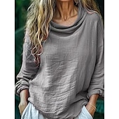 levne Boho topy-Dámské Košile Halenka Bavlněné lněné košile Pevná barva Základní Na běžné nošení Dlouhý rukáv Tričkový Nabíraný krk Běžné topy Denní Černá Světlá růžová Vodní modrá Světle šedá Růžová Léto