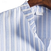 cheap Men&#039;s Button Up Shirts-Men&#039;s Shirt Summer Shirt Casual Shirt Beach Shirt Button Up Shirt Light Blue Short Sleeve Stripe Grandad Collar Lapel Vacation Hawaiian Clothing Apparel Fashion Casual Comfortable