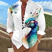 cheap Birds &amp; Animals-Men&#039;s Flamingo Bird Peacock Shirt Linen Shirt Summer Hawaiian Shirt Long Sleeve Casual Vacation Holiday Beach Wear Summer Spring Standing Collar 3D Print Button-Down Pink Blue