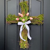 abordables Décorations de Pâques-couronne de croix, panneau de croix avec panneau de croix artificiel, cintre de porte, couronnes de croix de Pâques pour porte d&#039;entrée, décorations de printemps pour mur de porte, panneau de croix