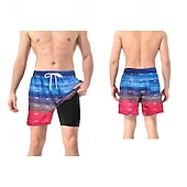 baratos calção de banho boxer masculino-Homens Calção Justo de Natação Shorts de Natação Bermuda de Surf Calças Com Cordão 2 em 1 Com bolsos Natação Surfe Praia Esportes Aquáticos Estampado Verão Primavera