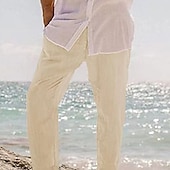 cheap Classic-Men&#039;s Linen Pants Trousers Summer Pants Beach Pants Pocket Drawstring Elastic Waist Plain Comfort Breathable Vacation Daily Holiday Hawaiian Boho ArmyGreen Black