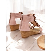 tanie Kobiety-damskie sandały na koturnie w stylu boho z kwiatowym wzorem – romantyczne letnie sandały gladiatorki z odkrytymi palcami i elastycznymi paskami na plażę i na co dzień