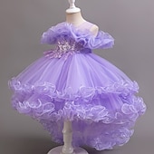 preiswerte Kleider für die Blumenmädchen-Blumenmädchenkleid Mädchen Formelle Kleidung Prinzessinenkleid Party Kleid Hochzeit Besondere Anlässe bezaubernd Süß Rüschen Zip Feste Farbe Kurzarm Rundhalsausschnitt Weiß Champagner 4-13 Jahre