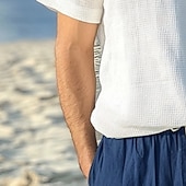 billiga Våffelstickad t-shirt-Herr Waffle Henley Shirt T-tröja Kortärmad V-hals Sommar Ensfärgat Mode Designer Bekväm V-ringad Utomhus Ledigt Dagligen Vit Topp t-shirt för män