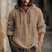 voordelige Straat-Voor heren Overhemd linnen overhemd Zomer overhemd Strand hemd Overhemd met capuchon Effen Casual Dagelijks Zwart Wit blauw Bruin Lange mouw Capuchon Lente zomer Kleding