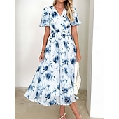 cheap Dresses-Retro Vintage 1950s Midi Dress Wrap Dress Flare Dress Puff Sleeve Floral A-Line V Neck Women&#039;s Masquerade Wedding Vacation Tea Party Adults&#039; Dress