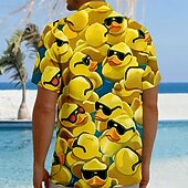 preiswerte Tiermuster Druck-Herren Tiermotiv Lustig Ente Hemd Knopfhemd Kurzarm Modisch lässig Streetwear Urlaub Strandbekleidung Sommer Herbst Umlegekragen 3D-Druck Hemden mit Kragen Eine Tasche vorne Gelb