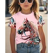 preiswerte Mädchen 3D Tiere-Mädchen 3D Grafik Pferd T-Shirt Kurzarm Sommer Frühling Mode Basic Kinder 4-12 Jahre Rundhalsausschnitt Lässig Täglich Outdoor Normale Passform