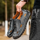 cheap Casual Sandals-Men&#039;s Brown Leather Slip-On Sandals with Perforated Detailing and Stretch Panels – Comfortable and Stylish for Casual Wear, Outdoor and Summer Activities