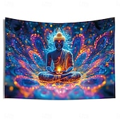 abordables Tapices de luz negra-Tapiz de luz negra que brilla en la oscuridad fiesta brillante reactivo a UV trippy neblinoso Buda paisaje natural tapiz colgante arte mural para sala de estar y dormitorio