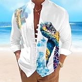 economico Stampa oceanica-Per uomo Squalo Tartarughe Creature marine Camicia camicia di lino Camicia hawaiana Manica lunga Informale Da mare Per eventi Abbigliamento mare Estate Primavera Colletto Mao Stampa 3D Bottone giù